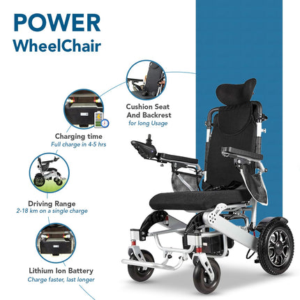 Everactiv EcoPower Heavy Duty Electric Wheelchair | Lithium Ion Battery | Air Travel Friendly | Foldable & Portable Motorized Wheelchair | Comes With Remote for attendant | Aluminium Made | Additional Headrest | Reclining Function