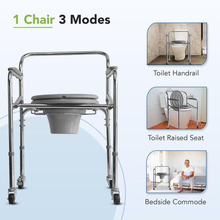 Everactiv by HCAH Commode Chair with Wheel for Toilet Adult, Height Adjustable and Foldable Toilet seat for Old People, Portable Toilet Seat for Adult | Material Type- Chrome Finish | Made in India