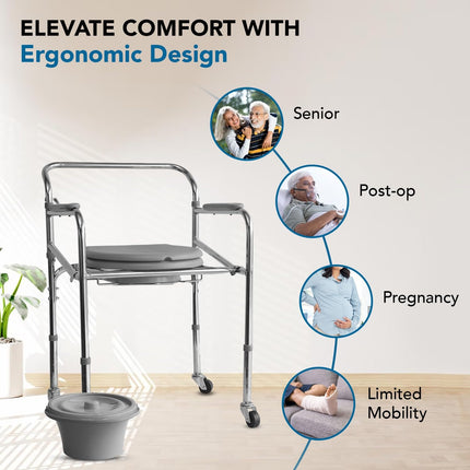 Everactiv by HCAH Commode Chair with Wheel for Toilet Adult, Height Adjustable and Foldable Toilet seat for Old People, Portable Toilet Seat for Adult | Material Type- Chrome Finish | Made in India