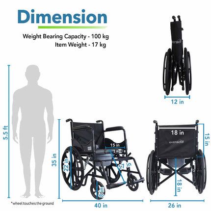 Everactiv (2 in 1) Foldable Wheelchair for Regular & Commode Use | Portable and Versatile Mobility Solution with Removable Top-seat for Commode Usage | Comfortable Seating | and Armrests