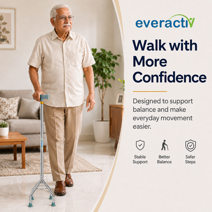 Everactiv 10 Level Height Adjustable Quadripod Walking Stick with Strengthened Chassis and Anti-Skid Feet | Perfect Support for Various Surface