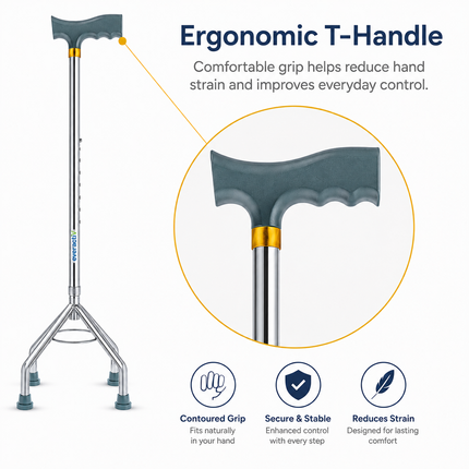 Everactiv 10 Level Height Adjustable Quadripod Walking Stick with Strengthened Chassis and Anti-Skid Feet | Perfect Support for Various Surface