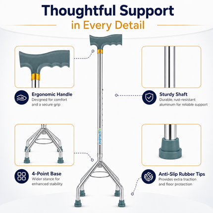 Everactiv 10 Level Height Adjustable Quadripod Walking Stick with Strengthened Chassis and Anti-Skid Feet | Perfect Support for Various Surface