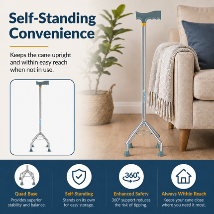 Everactiv 10 Level Height Adjustable Quadripod Walking Stick with Strengthened Chassis and Anti-Skid Feet | Perfect Support for Various Surface