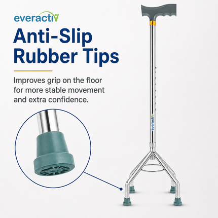 Everactiv 10 Level Height Adjustable Quadripod Walking Stick with Strengthened Chassis and Anti-Skid Feet | Perfect Support for Various Surface
