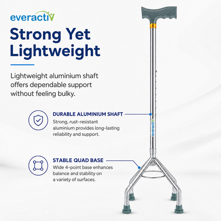 Everactiv 10 Level Height Adjustable Quadripod Walking Stick with Strengthened Chassis and Anti-Skid Feet | Perfect Support for Various Surface