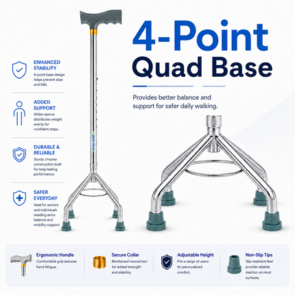 Everactiv 10 Level Height Adjustable Quadripod Walking Stick with Strengthened Chassis and Anti-Skid Feet | Perfect Support for Various Surface