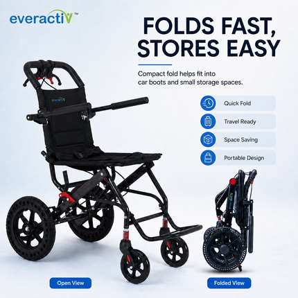 EverActiv Portable Travel Wheelchair for Seniors | Ultra-Light  | Foldable, Compact, Attendant Brake, Travel Convenience | Wheelchair for old people