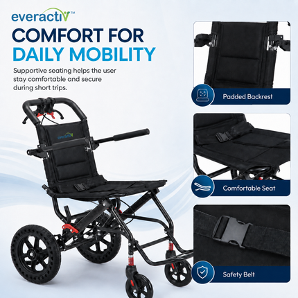 EverActiv Portable Travel Wheelchair for Seniors | Ultra-Light  | Foldable, Compact, Attendant Brake, Travel Convenience | Wheelchair for old people
