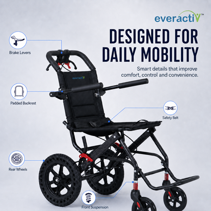 EverActiv Portable Travel Wheelchair for Seniors | Ultra-Light  | Foldable, Compact, Attendant Brake, Travel Convenience | Wheelchair for old people