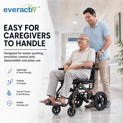 EverActiv Portable Travel Wheelchair for Seniors | Ultra-Light  | Foldable, Compact, Attendant Brake, Travel Convenience | Wheelchair for old people