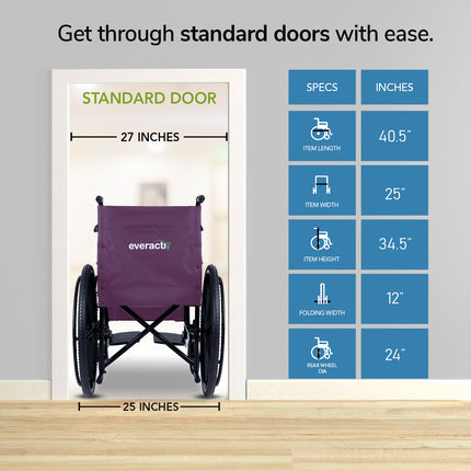 Everactiv Everyday Economy Foldable Wheelchair with Safety Seat belt, Weight Bearing Capacity 120 kg, Sturdy Frame and Easy Foldable Mechanism