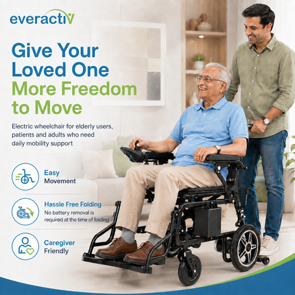 EverActiv EcoMove Foldable Electric Wheelchair | Dual Motor, Joystick Control, Lithium-Ion Battery | Portable & Ambidextrous | 100 Kg Capacity - Delivered within 2 Days