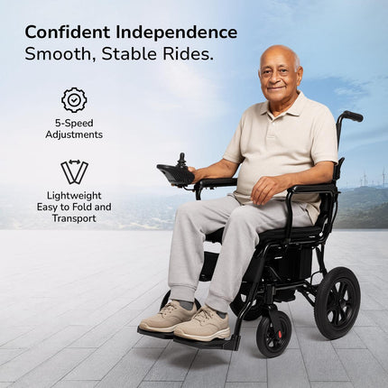 Everactiv EcoMove Foldable Electric Wheelchair – Automatic Motorized Chair for Elderly, Disabled & Patients | Dual Motor, Joystick Control, Lead-Acid Battery | Portable & Ambidextrous | 100 kg Capacity