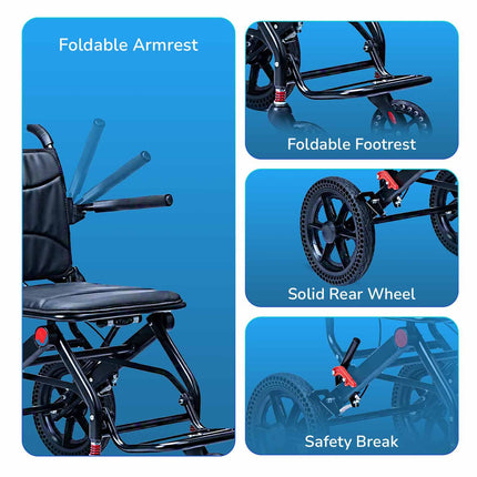 EverActiv Portable Travel Wheelchair for Seniors | Ultra-Light  | Foldable, Compact, Attendant Brake, Travel Convenience | Wheelchair for old people