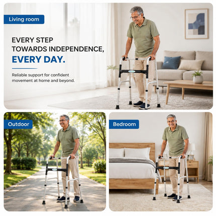 Everactiv Lightweight Aluminium/Glossy Finish Walker for adults, Height Adjustable Walking Support for Old People, Sturdy Frame Walker for Old People | Made in India
