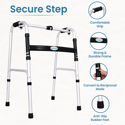 Everactiv Lightweight Aluminium/Glossy Finish Walker for adults, Height Adjustable Walking Support for Old People, Sturdy Frame Walker for Old People | Made in India