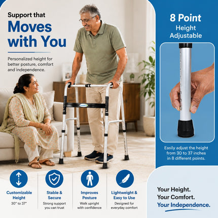 Everactiv Lightweight Aluminium/Glossy Finish Walker for adults, Height Adjustable Walking Support for Old People, Sturdy Frame Walker for Old People | Made in India
