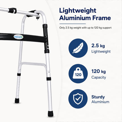 Everactiv Lightweight Aluminium/Glossy Finish Walker for adults, Height Adjustable Walking Support for Old People, Sturdy Frame Walker for Old People | Made in India