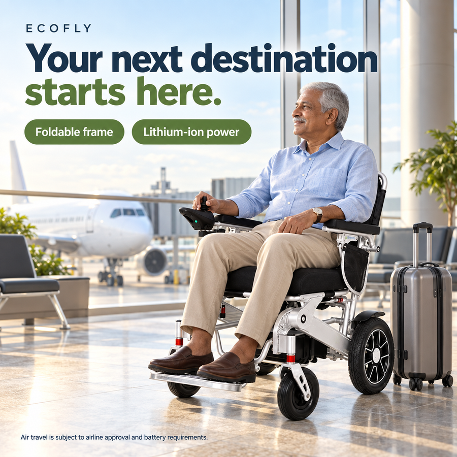 Illustrative airport scene showing an older traveller in an EcoFly wheelchair beside luggage. Air travel requires airline approval and suitable battery arrangements.