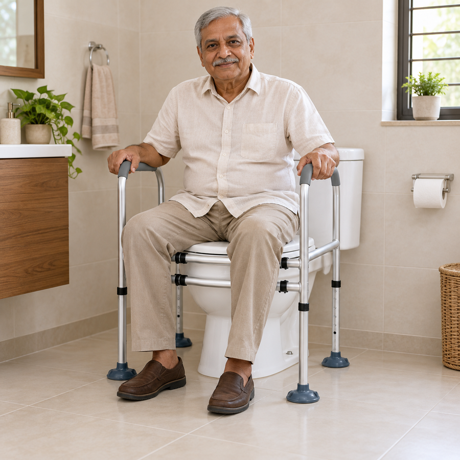 Illustrative scene of a fully clothed older Indian man seated with his hands resting on an EverActiv toilet safety frame.