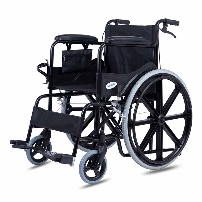 Everactiv Everyday Premium Foldable Wheelchair with 2 Extra Seat Cushions, 6 Wheels & Brakes for extra safety, Side Pouch, Bottle Holder