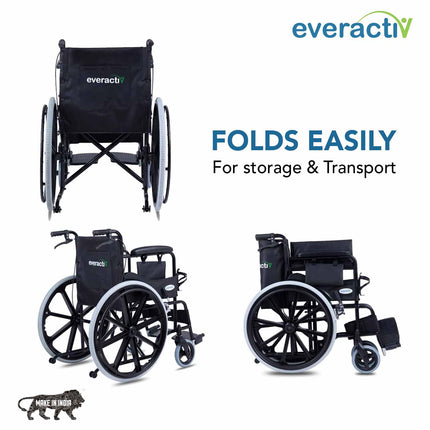 Everactiv Everyday Premium Foldable Wheelchair with 2 Extra Seat Cushions, 6 Wheels & Brakes for extra safety, Side Pouch, Bottle Holder