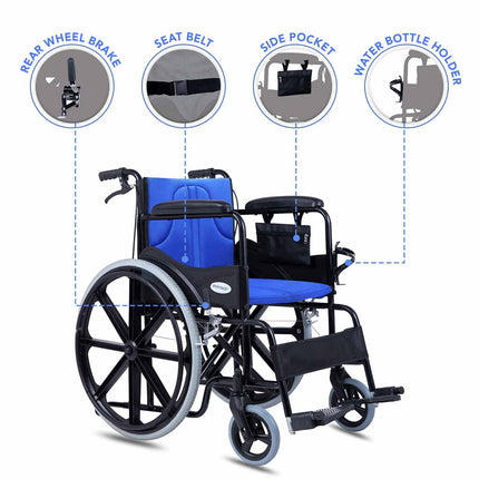 Everactiv Everyday Premium Foldable Wheelchair with 2 Extra Seats, 6 Wheels & Brakes for extra safety, Side Pouch, Bottle Holder