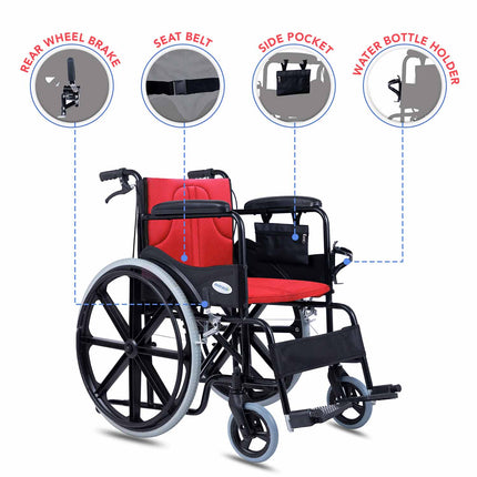 Everactiv Everyday Premium Foldable Wheelchair with 2 Extra Seats, 6 Wheels & Brakes for extra safety, Side Pouch, Bottle Holder