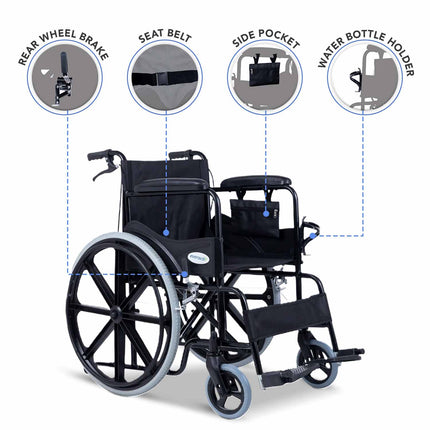 Everactiv Everyday Premium Foldable Wheelchair with 2 Extra Seat Cushions, 6 Wheels & Brakes for extra safety, Side Pouch, Bottle Holder